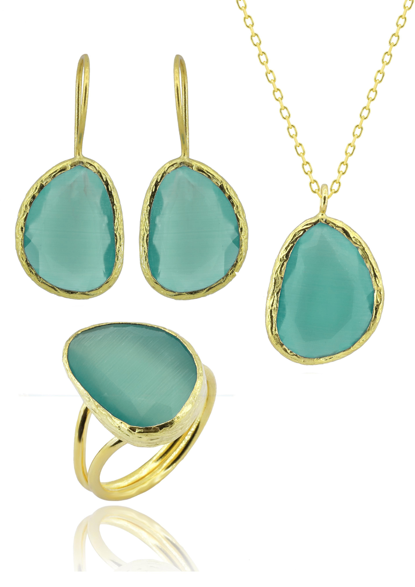 Orion Vert • Parure 3 pièces (Collier en Argent 925) et Plaqué Or – Pierre SunStone Vert Œil de Chat