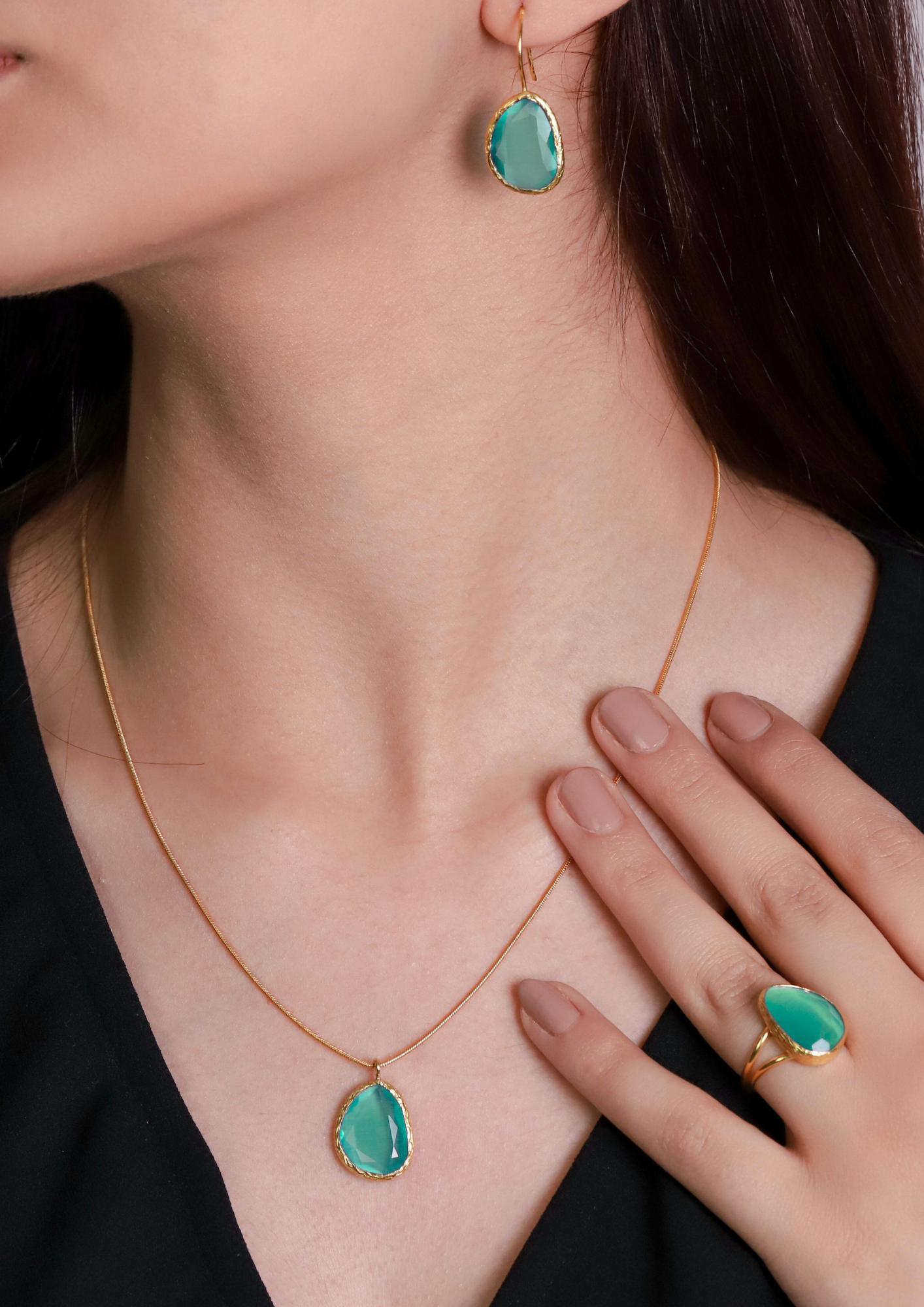 Orion Vert • Parure 3 pièces (Collier en Argent 925) et Plaqué Or – Pierre SunStone Vert Œil de Chat