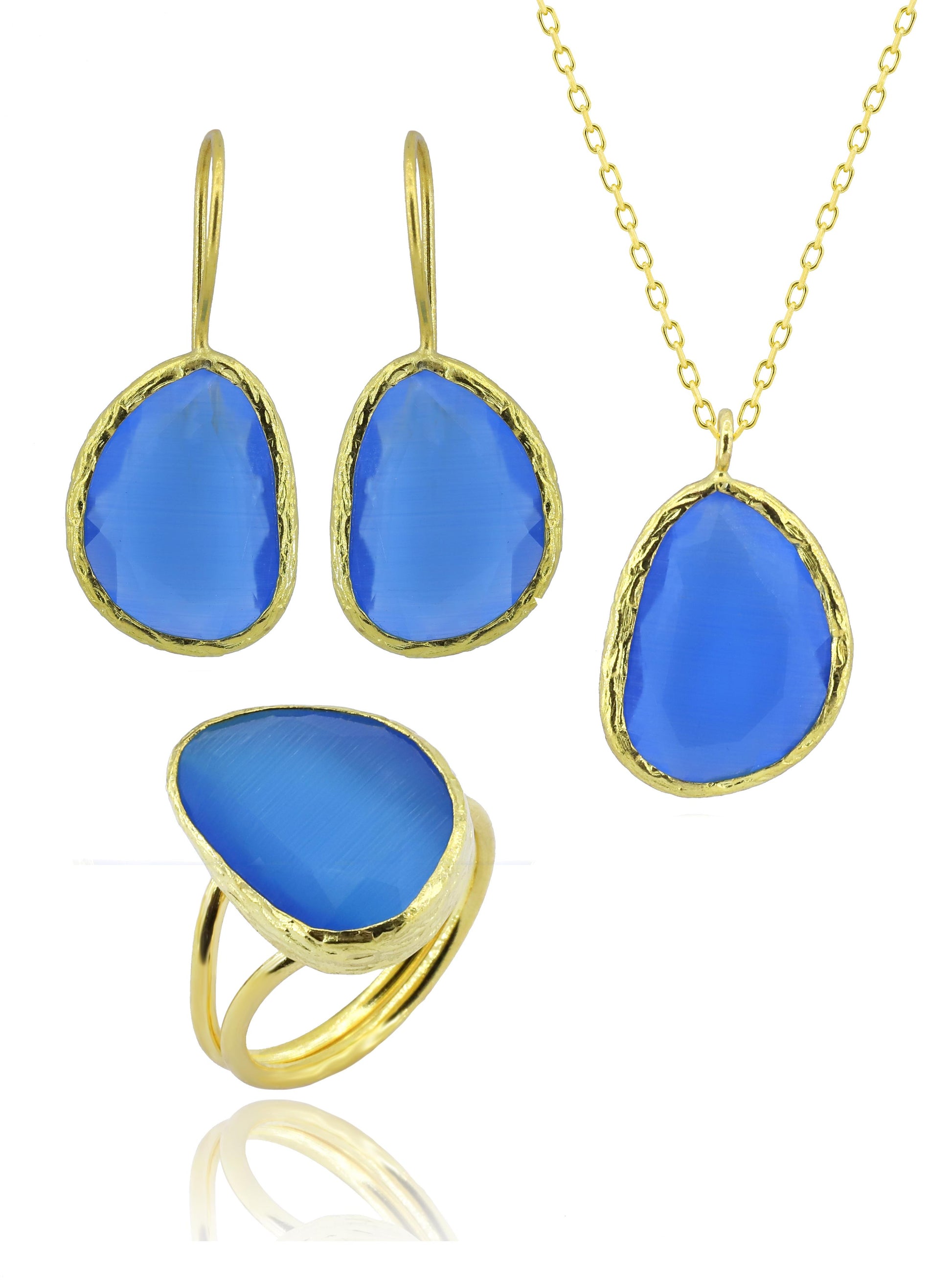 Orion Bleu • Parure 3 pièces (Collier en Argent 925) et Plaqué Or – Pierre SunStone Bleue Ciel