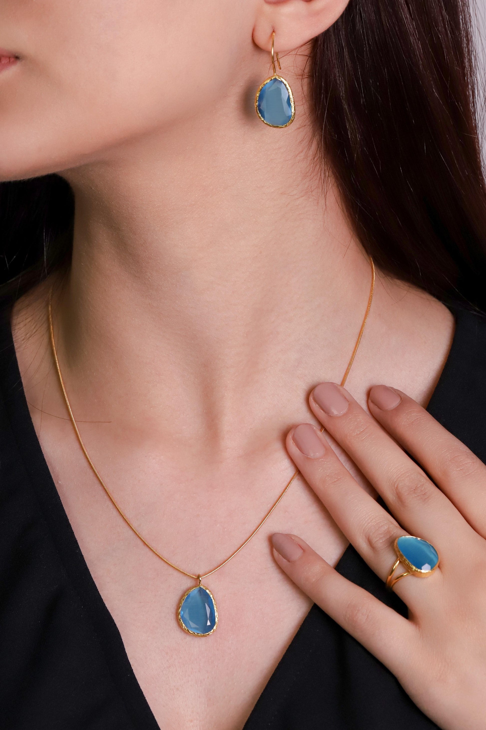 Orion Bleu • Parure 3 pièces (Collier en Argent 925) et Plaqué Or – Pierre SunStone Bleue Ciel