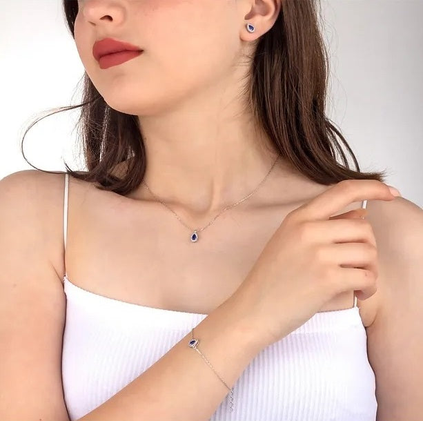 Yamama • Parure 3 pièces en Argent 925 Rodié – Goutte Saphir & Zircons