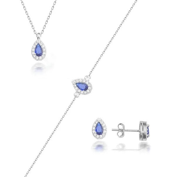 Yamama • Parure 3 pièces en Argent 925 Rodié – Goutte Saphir & Zircons