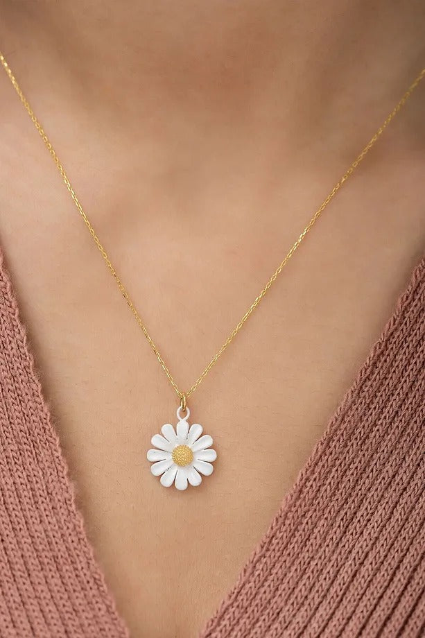 Shamsa • Parure 3 pièces en Argent 925 Plaqué Or – Fleurs de Marguerite Émaillées